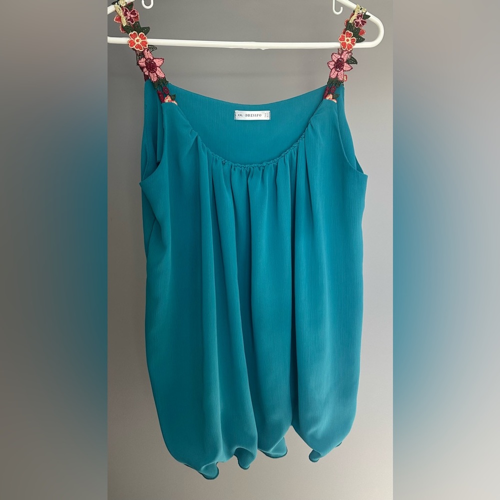 DRESS FO size XXL, teal Sleeveless Pleated Blouse with floral straps.